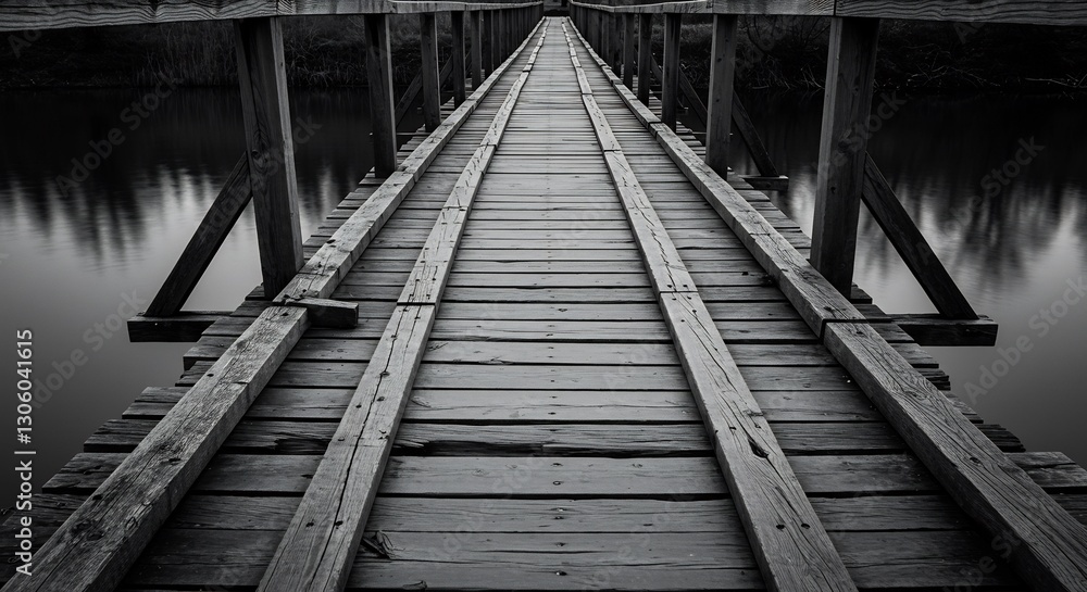 Obraz premium Monochrome Bridge Extending to Calm Waters. AI Generated