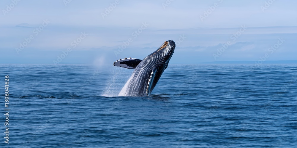 Fototapeta premium A magnificent humpback whale breaches the ocean surface with a stunning display of strength and grace, embodying the wonders of marine life and nature's beauty.