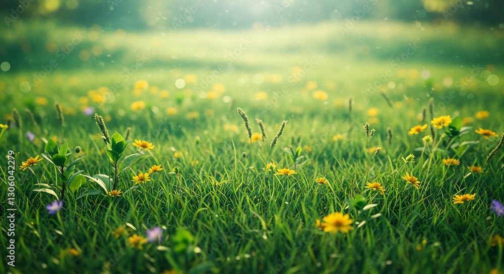 Fototapeta premium Golden hour illuminates vibrant wildflowers peacefully blooming in lush green meadow. AI Generated