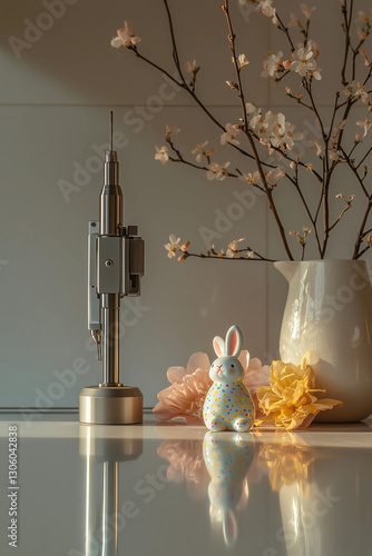 A charming Easter scene with a colorful bunny figurine, cherry blossom branches, and soft lighting, creating a peaceful spring atmosphere. photo