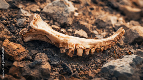 Samson's Donkey Jawbone: Weathered Relic Amidst Battlefield Ruins with Open Sky Background