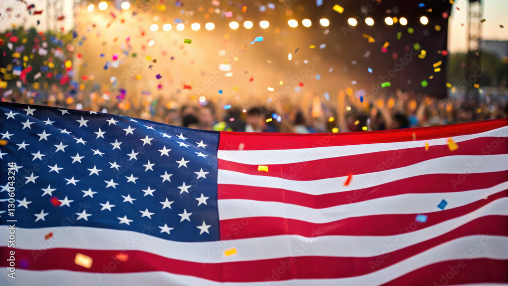 4th of July Party. American flag in front of a concert with colorful confetti falling. 4th of July Party. American flag in front of a concert with colorful confetti falling.