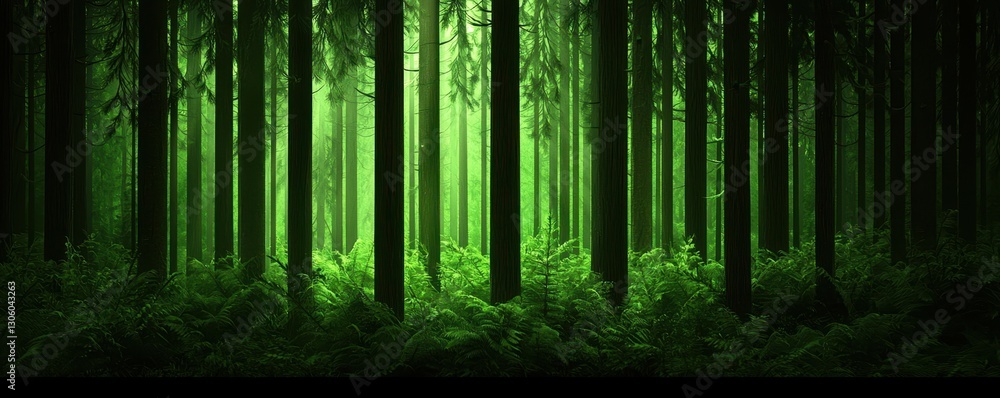 Fototapeta premium A serene green forest filled with tall trees, bathed in soft light, creating a tranquil and enchanting atmosphere.