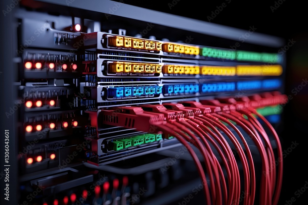 Naklejka premium Close Up of Illuminated Server Rack with Red Cables and Glowing Lights in Dark Setting