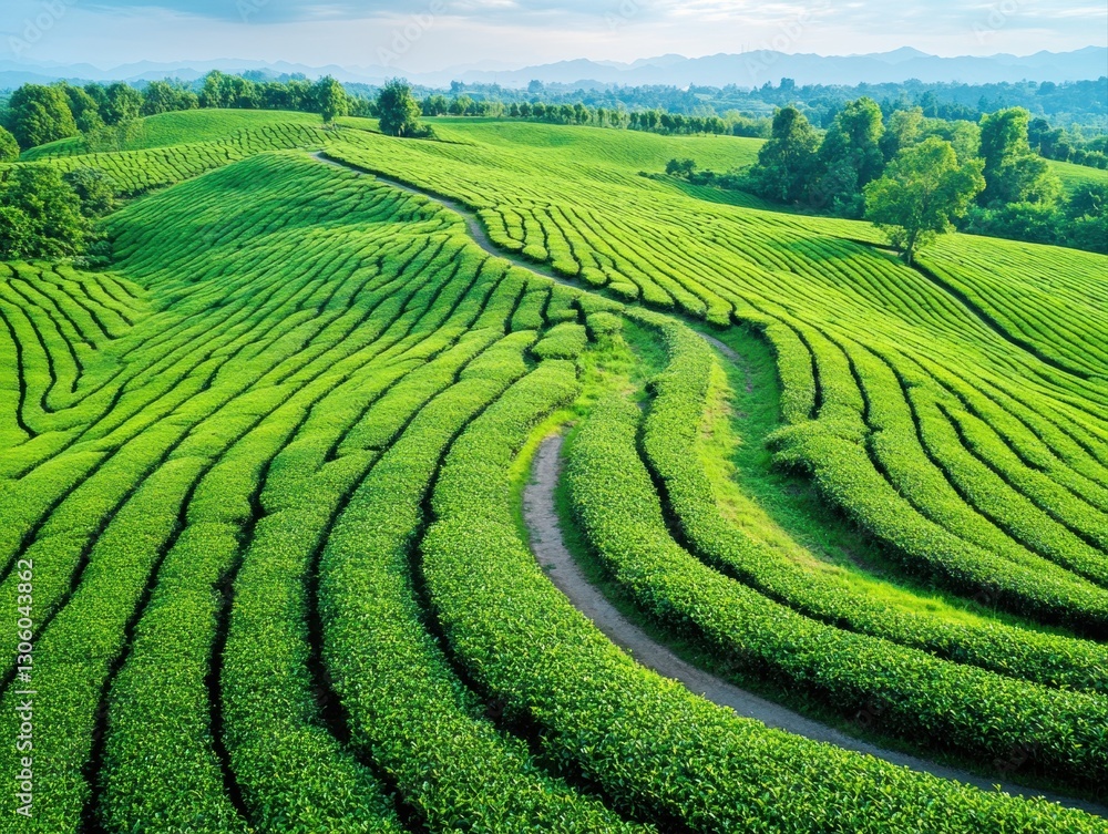 Lush tea plantations in the cameron highlands with rolling green hills under a clear blue sky Lush tea plantations in the cameron highlands with rolling green hills under a clear blue sky