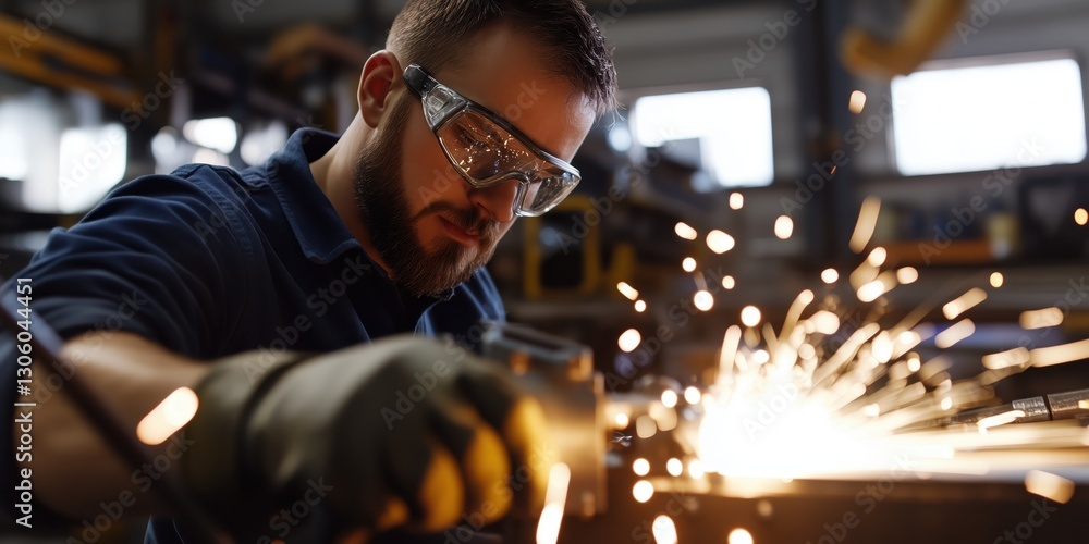 A focused craftsman deftly manipulates metal, sending sparks flying in a dynamic workshop, representing skill, passion, and the essence of craftsmanship. A focused craftsman deftly manipulates metal, sending sparks flying in a dynamic workshop, representing skill, passion, and the essence of craftsmanship.