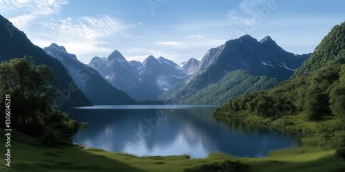 This breathtaking image showcases majestic mountains reflected in a calm lake, surrounded by lush greenery, creating a serene and tranquil atmosphere.