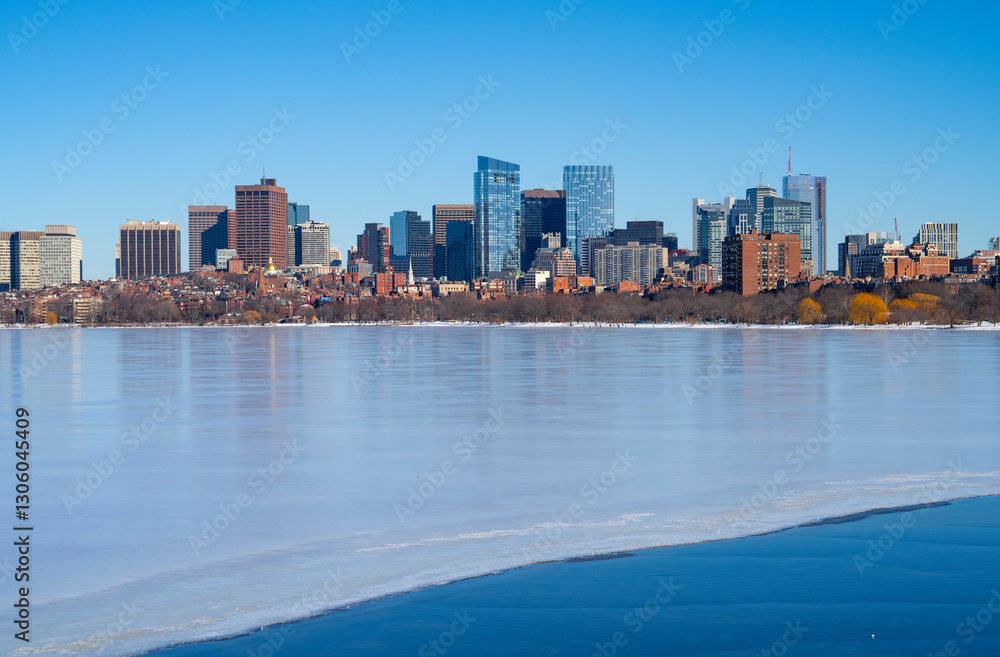 Naklejka premium landscape of Boston cityscape skyline and frozen Charles river