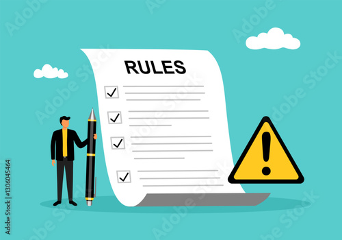 Businessman writing rules and regulations document. Rules and regulations, policy and guideline for employee to follow, legal term, corporate compliance or laws, standard procedure concept.