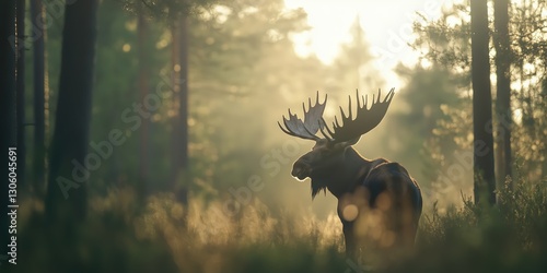 A majestic moose stands silhouetted against the misty backdrop of a serene forest, encapsulating the essence of wildlife in its natural habitat at dawn or dusk.