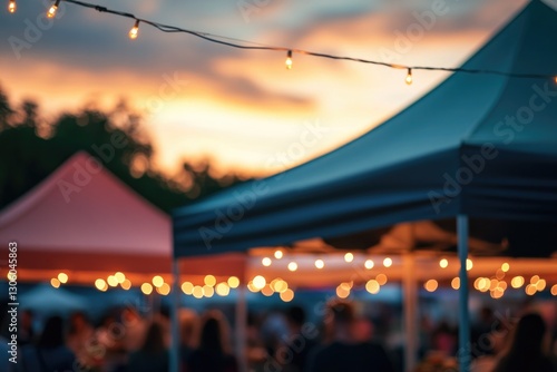 capture vibrant atmosphere of outdoor food festival at sunset focusing on colorful tented stalls displaying variety