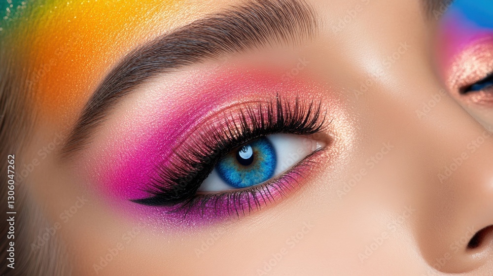 Obraz premium A striking woman with bright makeup showcasing bold colors and creative expression in beauty