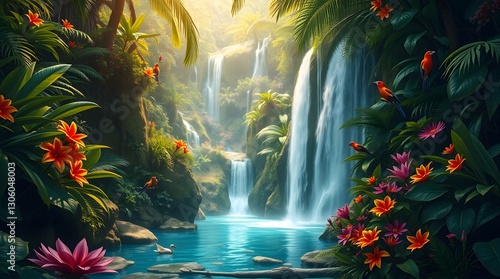 Lush tropical waterfall, vibrant flowers, and colorful birds. A paradise scene filled with natural beauty and wonder.