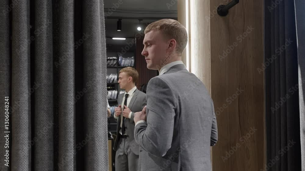 Elegant businessman adjusting his suit jacket while looking in the mirror in the dressing room of a menswear store, choosing his outfit for a special occasion or business meeting Elegant businessman adjusting his suit jacket while looking in the mirror in the dressing room of a menswear store, choosing his outfit for a special occasion or business meeting