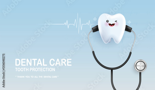 Tooth character with stethoscope is happy. tooth suitable for children dental clinic. tooth character for kids. cute dentist mascot for medical apps, websites and hospital.