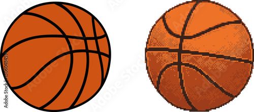 Two basketball illustrations side by side show design variations using traditional graphics and pixel art Perfect for sports or graphic design.