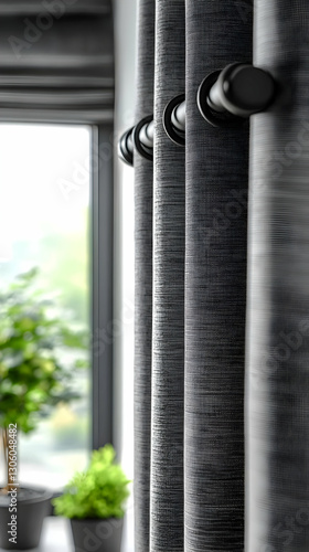 Gray curtains, modern rod, window view photo