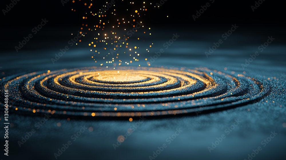 Fototapeta premium Golden Particles Rising in Concentric Circles on Dark Teal Surface