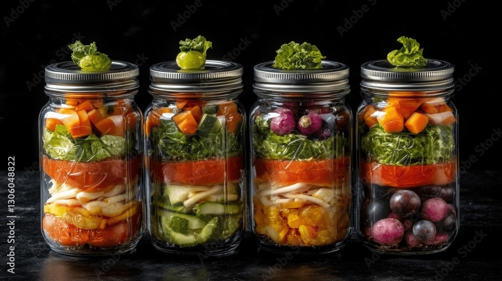 A group of mason jars filled with fresh vegetables ready for canning and preserving natural flavors and nutrients A group of mason jars filled with fresh vegetables ready for canning and preserving natural flavors and nutrients