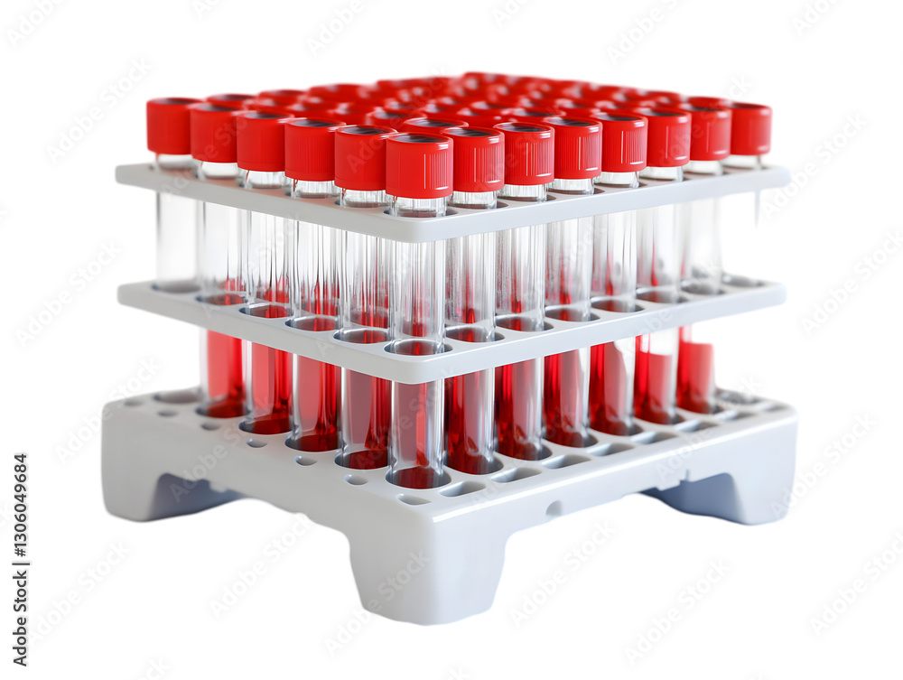 A collection of laboratory test tubes filled with red liquid, positioned neatly in a white rack, showcasing healthcare and scientific research. A collection of laboratory test tubes filled with red liquid, positioned neatly in a white rack, showcasing healthcare and scientific research.