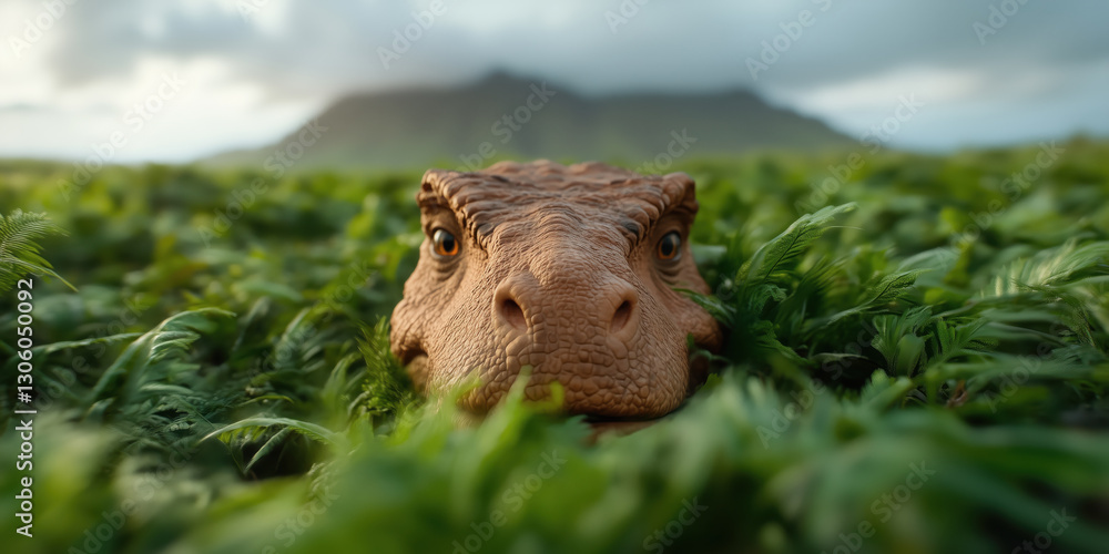 Fototapeta premium dinosaur peeks through lush greenery in Hawaiian field