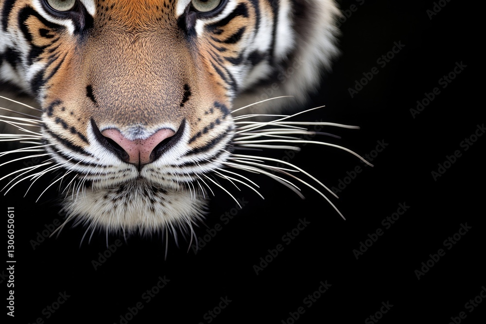 Fototapeta premium close-up of tiger whiskers and nose emerging from shadows in dark moody setting