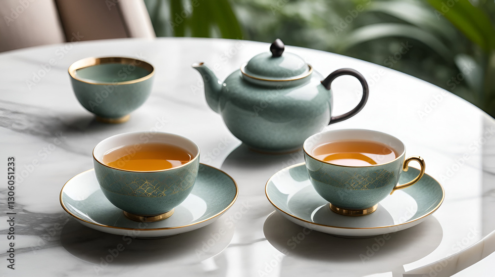 Elegant Asian tea set with delicate cup and plate on a marble table with soft natural light and tranquil ambiance. Perfect for relaxation. Elegant Asian tea set with delicate cup and plate on a marble table with soft natural light and tranquil ambiance. Perfect for relaxation.