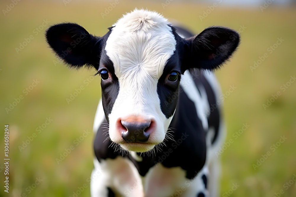 A black and white calf stares intently at the camera with innocent eyes. A black and white calf stares intently at the camera with innocent eyes.