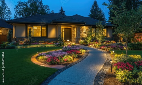Fototapeta Naklejka Na Ścianę i Meble -  Evening home exterior, landscaped pathway, garden lights