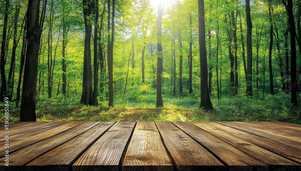 Sunny forest floor with wooden table Sunny forest floor with wooden table