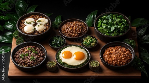 Array of delicious food items artfully arranged on a rustic wooden board showcasing culinary diversity and tasteful presentation photo