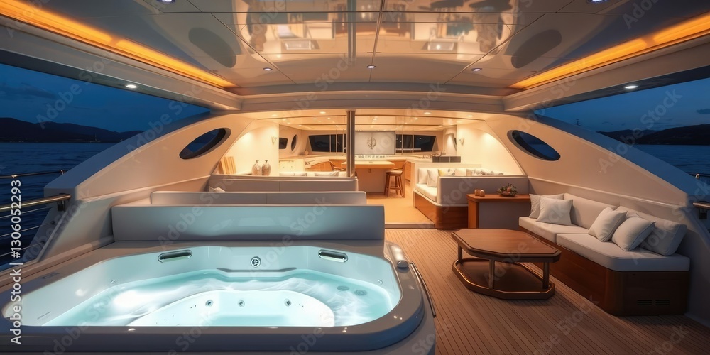 Obraz premium Luxury yacht's interior lit up by soft ambient lighting with a large Jacuzzi tub and comfortable seating areas, nautical decor, luxury yacht