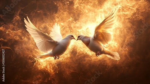 Wallpaper Mural Symbolic union of two doves against a backdrop of ethereal golden light Torontodigital.ca