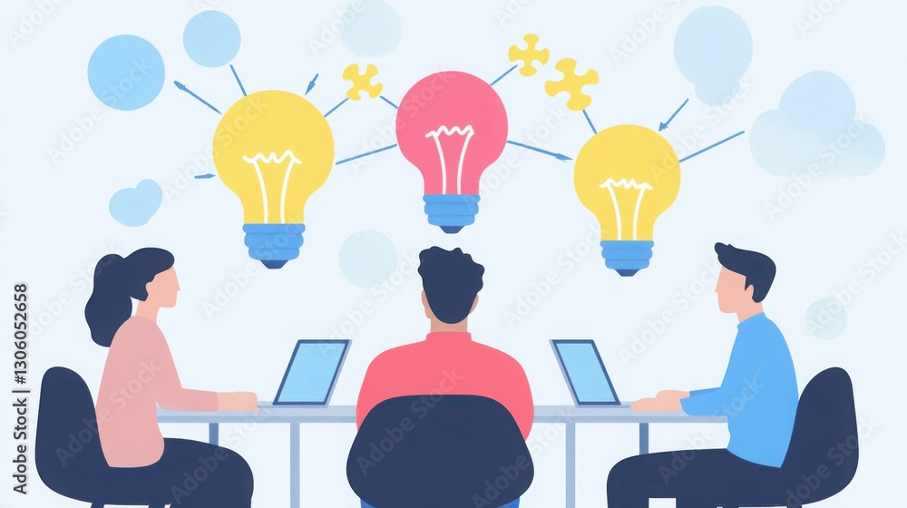 Flat vector illustration of a business brainstorming meeting, three professionals with connected puzzle light bulbs over their heads Flat vector illustration of a business brainstorming meeting, three professionals with connected puzzle light bulbs over their heads