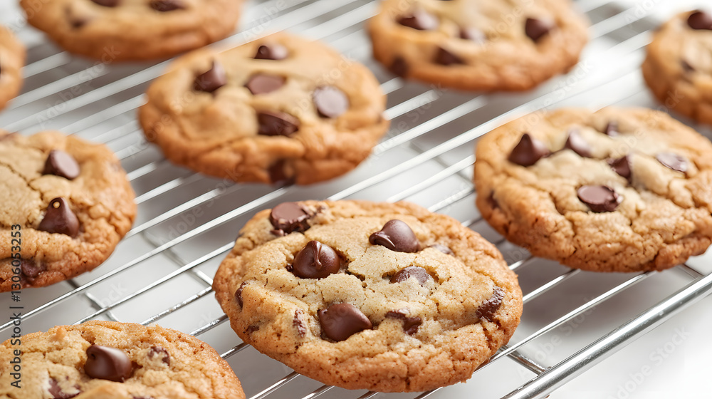 Freshly Baked Chocolate Chip Cookies on a Cooling Rack with Melted Chocolates Freshly Baked Chocolate Chip Cookies on a Cooling Rack with Melted Chocolates