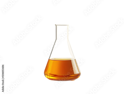 A transparent laboratory flask filled with a warm amber liquid. Ideal for scientific research, educational purposes, or chemistry-themed projects.