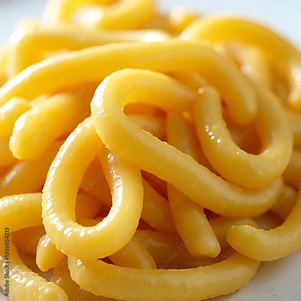 Fototapeta premium Close-up of thick, yellow pasta arranged haphazardly, glistens with a light sauce.