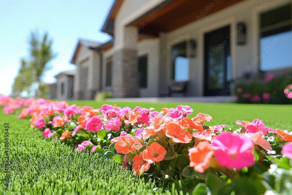 A Beautiful Bloom: A Close-Up of Colorful Pink and Orange Flowers Bordering a Lush Green Lawn in a Modern Residential Neighborhood on a Sunny Day A Beautiful Bloom: A Close-Up of Colorful Pink and Orange Flowers Bordering a Lush Green Lawn in a Modern Residential Neighborhood on a Sunny Day