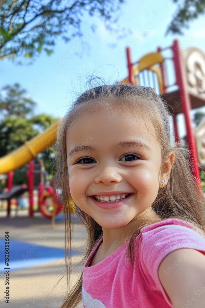 Happy child playing in playground in Spring Happy child playing in playground in Spring