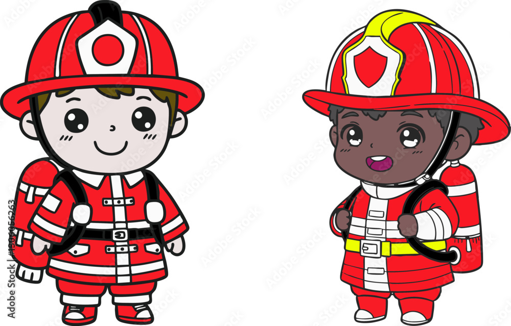 Cartoon illustration of two happy firefighters in full uniform is perfect for children's educational and playful content about community helpers. Cartoon illustration of two happy firefighters in full uniform is perfect for children's educational and playful content about community helpers.