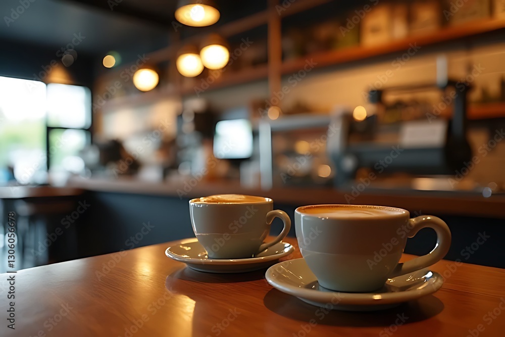 Fototapeta premium Two cups of coffee sit on a wooden table in a cafe setting