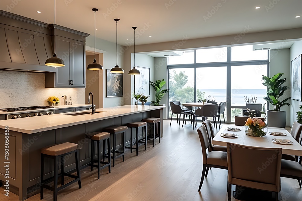 Fototapeta premium Upscale kitchen and dining area with views of the ocean through large windows.