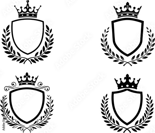 Set of four heraldic shield illustrations topped with a crown and surrounded by laurel wreaths suitable for logo design.