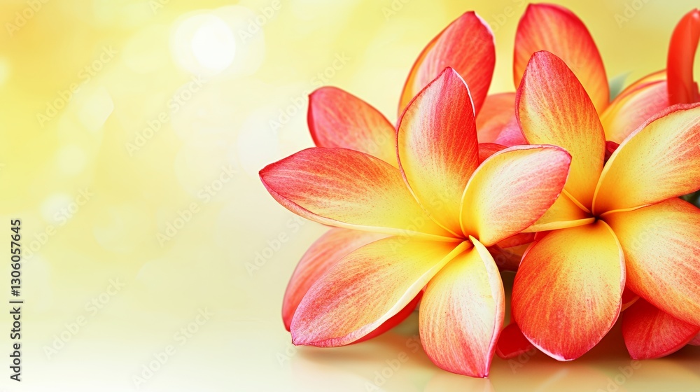 Closeup of Red and Yellow Plumeria Blossoms on Yellow Background Closeup of Red and Yellow Plumeria Blossoms on Yellow Background