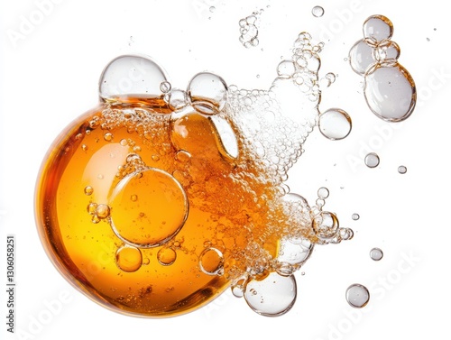 Amber liquid splash with bubbles.