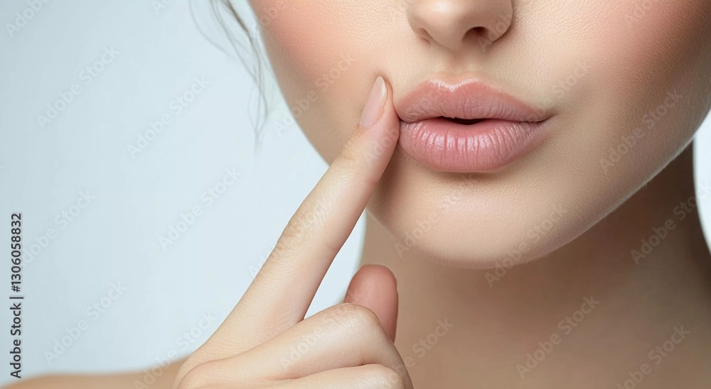 Close-Up of Beautiful Soft Lips with Finger Touching in Skincare and Beauty Concept Close-Up of Beautiful Soft Lips with Finger Touching in Skincare and Beauty Concept