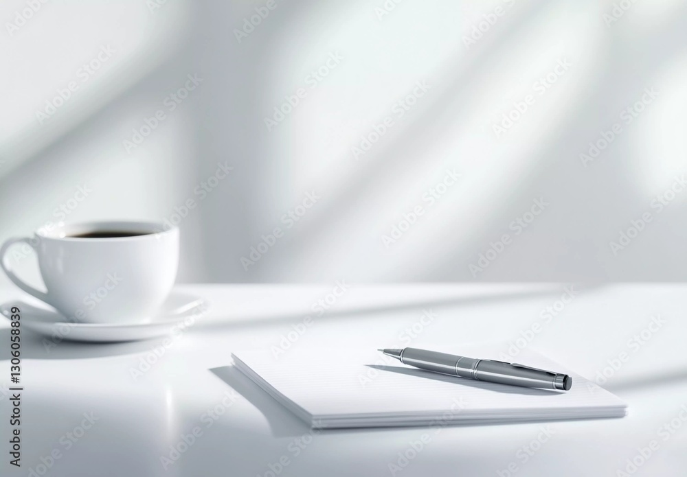 Minimalist Workspace with Coffee Cup, Pen, and Notepad in Soft Natural Light Minimalist Workspace with Coffee Cup, Pen, and Notepad in Soft Natural Light