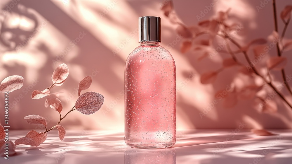 Pink perfume bottle, sunlit floral backdrop Pink perfume bottle, sunlit floral backdrop