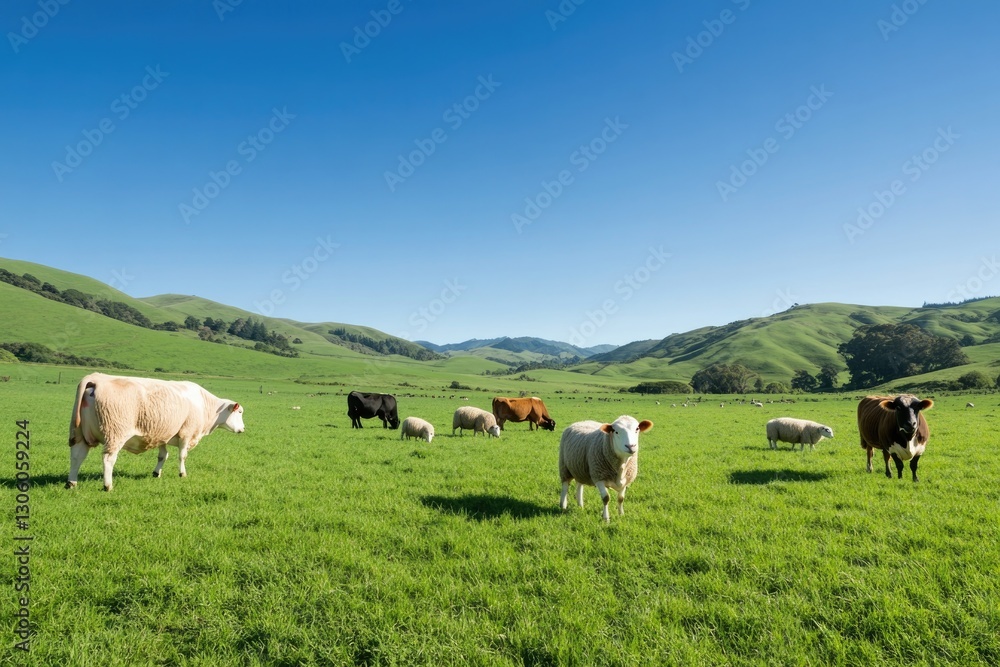 pastoral scene with farm animals grazing in open green pasture under clear blue sky with ample copy space featuring pastoral scene with farm animals grazing in open green pasture under clear blue sky with ample copy space featuring