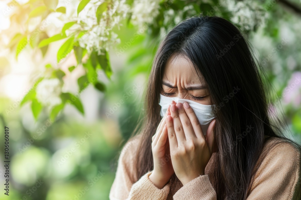 Young Woman with Face Mask Feeling Unwell Amidst Flowering Plants Young Woman with Face Mask Feeling Unwell Amidst Flowering Plants
